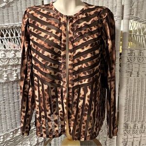 CHICOS TRAVELERS Sz 2 US L/12 Leopard Print Jacket Brown Suede Stripe Semi-Sheer